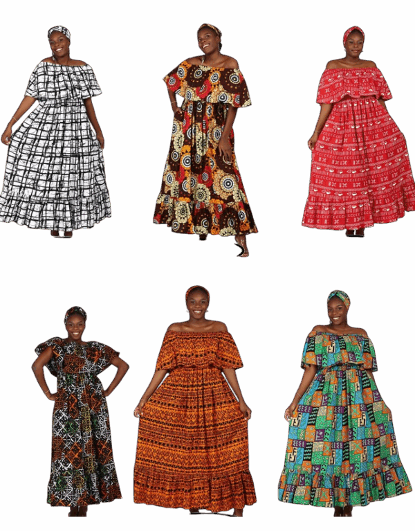 Off-Shoulder Dress with hair Scarf, Various prints, Free size