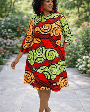 Print Short Dress , colorful Red and Green