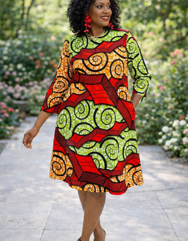 Print Short Dress , colorful Red and Green