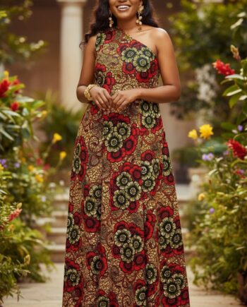 100% Cotton Print Long Red Dress, One shoulder, not lined