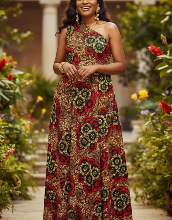 100% Cotton Print Long Red Dress, One shoulder, not lined